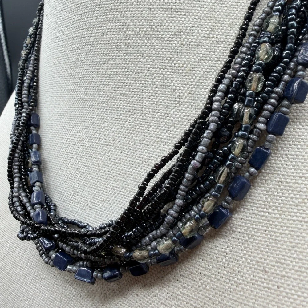 Multi Strand Black Gray Blue Beaded Statement Necklace Layered Boho AdjustableMu